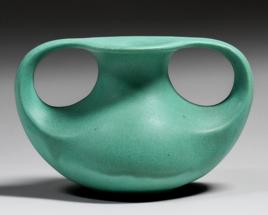 Teco Pottery Matte Green Two-Handled Oval Vase c1910 (1 of 4)