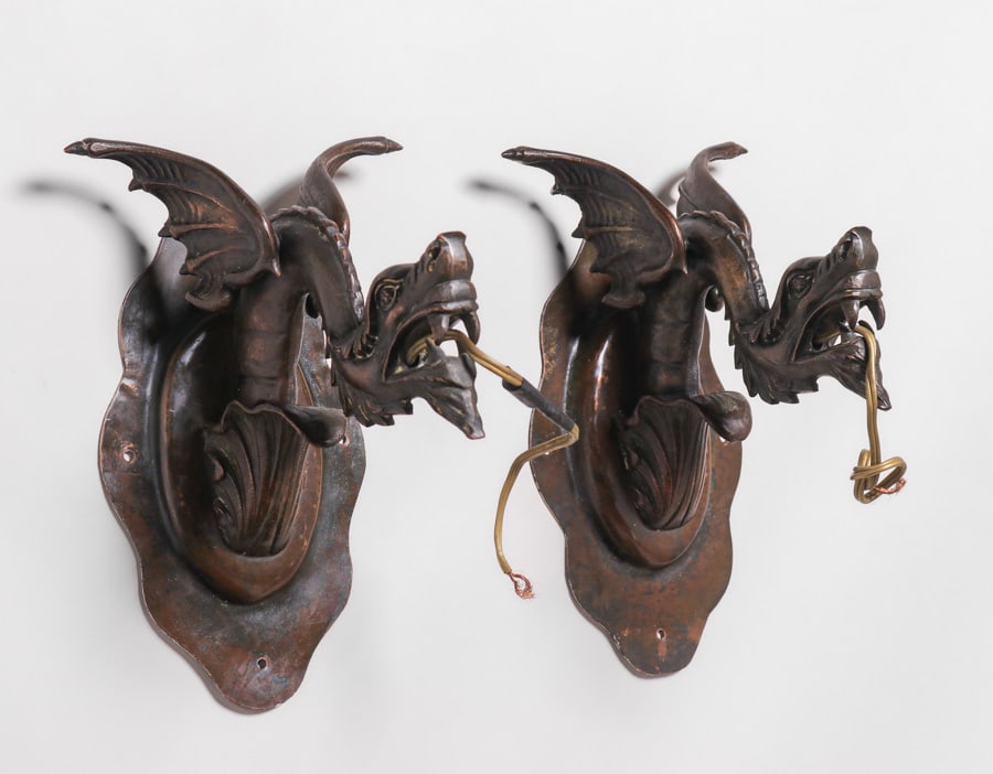 Pair Dragon Bronze Sconce Lights c1910 (1 of 6)