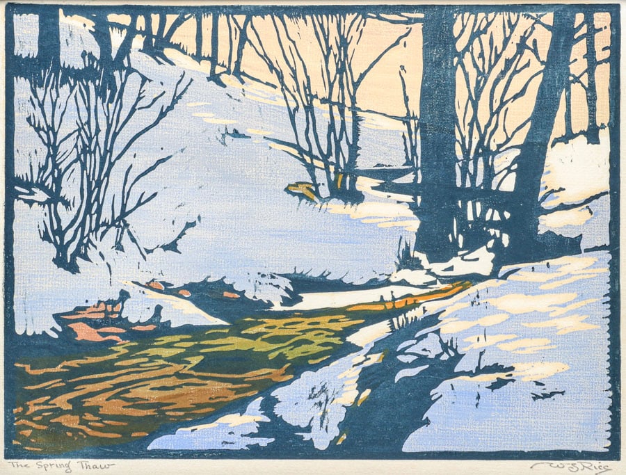 William Rice (1873-1963) Color Woodcut "The Spring Thaw" c1920: William Rice (1873-1963) Color Woodcut "The Spring Thaw" c1920. Signed. Excellent condition. 8.75"h x 12"w. Tim Holton custom carved frame 13.5"h x 16.5"w. Spend $7500 or more at our two day auction a