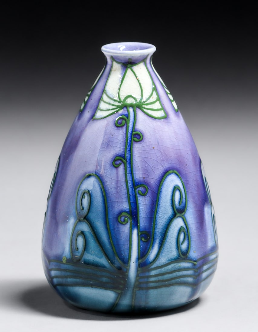Minton Pottery Secessionist Vase c1900s: Minton Pottery Secessionist Vase c1900s. Impressed signature. Faint line in base, otherwise perfect condition. 5"h x 3"d. Spend $7500 or more at our two day auction and all of your SHIPPING IS FREE wi