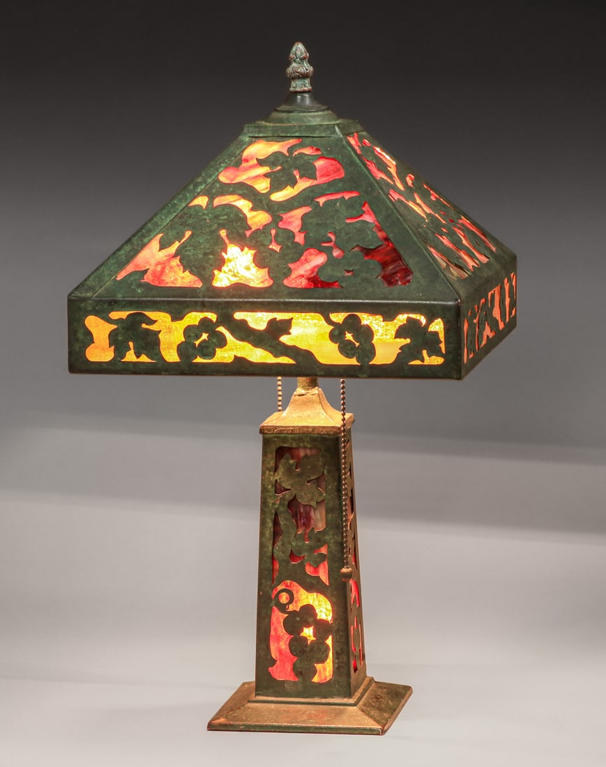 Arts & Crafts Cutout Overlay Slag Glass Lamp c1910 (1 of 6)