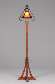 Michael Adams Aurura Studios Gustav Stickley Designed Hammered Copper, Mica & Oak Floor Lamp c1995