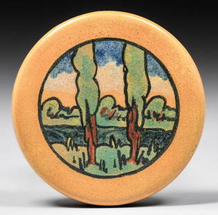 Paul Revere Pottery Arthur Wesley Dow Influenced Double Tree Landscape Decorated Tile c1920s: Paul Revere Pottery Arthur Wesley Dow Influenced Double Tree Landscape Decorated Tile c1920s. Signed. Perfect condition. 4.5"d. Spend $7500 or more at our two day auction and all of your SHIPPING IS F
