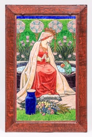 Large English Pre-Raphaelite Enamel Plaque "The Princess & the Frog" c1890s