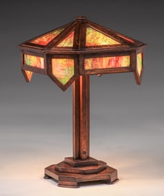 Brooks Furniture Co #416L Oak & Slag Glass Lamp c1910