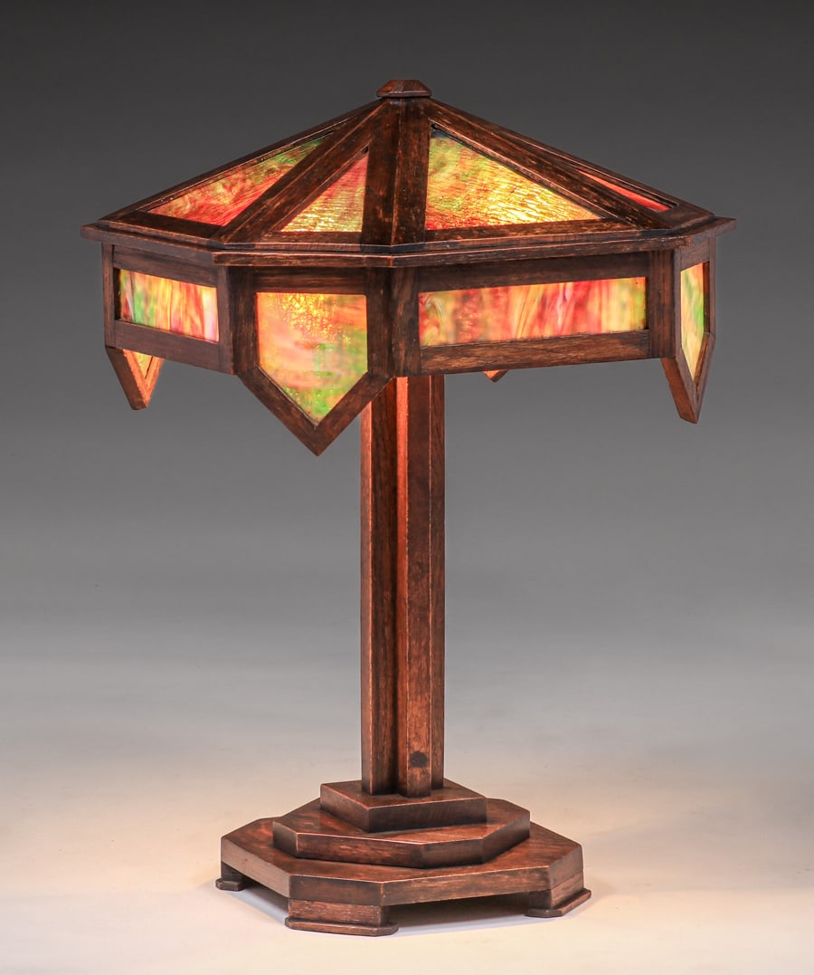 Brooks Furniture Co #416L Oak & Slag Glass Lamp c1910 (1 of 8)