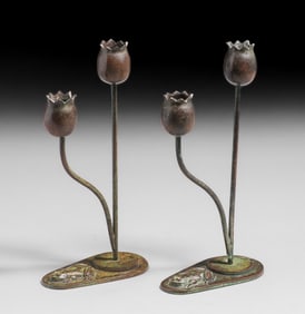 Arts & Crafts Period Bronze Frog & Lily Pad Candlesticks c1910s