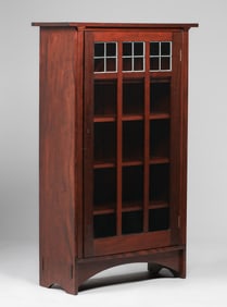 Gustav Stickley - Harvey Ellis Designed One-Door Mahogany Leaded Glass Bookcase c1904
