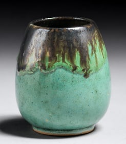 Fulper Pottery Green & Black Drip Glaze Vase c1910s