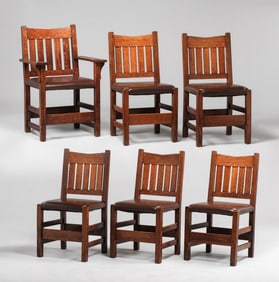 Set of 6 Gustav Stickley V-Back Dining Chairs c1907