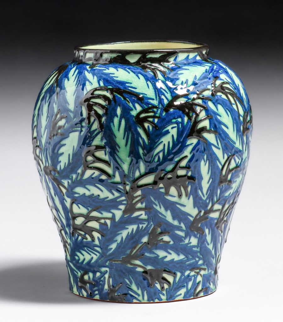 Max Lauger German Art Deco Vase c1920s: Max Lauger German Art Deco Vase c1920s. Signed. Perfect condition. 9"h x 8"d. Spend $7500 or more at our two day auction and all of your SHIPPING IS FREE within the lower 48 states. SHIPPING We box an
