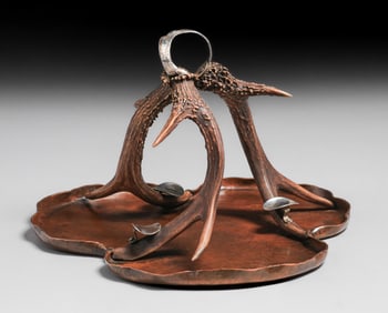 Joseph Heinrichs Hammered Copper, Silver & Antler Smoker's Tray c1905