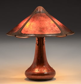 Dirk van Erp Hammered Copper & Mica Rivetbase Lamp c1911-1912