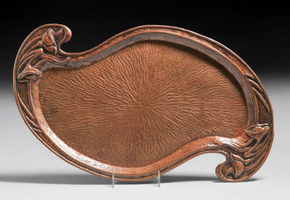 Art Nouveau Hammered Copper Floral Repousse Serving Tray c1900
