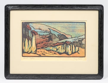 Mary Christine Sauter (CA/MO 1880-1961) Color Woodcut "Desert Mystery" c1920s