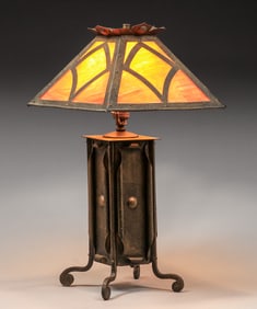 Arts & Crafts Hammered Brass & Slag Glass Lamp c1910
