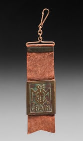Forest Craft Guild Acid-Etched Brass & Leather Watch Fob c1910