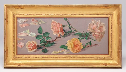 Albert R. Valentien (1862-1925) Rose Still Life Painting "Rose Quartet in Yellow and Pink"