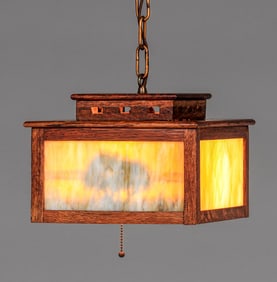 Peterson Art Furniture Co - Faribault, MN Oak & Slag Glass Prairie School Hanging Lamp c1910