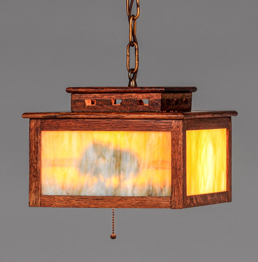 Peterson Art Furniture Co - Faribault, MN Oak & Slag Glass Prairie School Hanging Lamp c1910 (1 of 4)