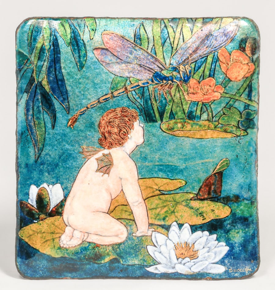 Dorothy Hollom - English Enamel Plaque Water Baby & Dragonfly c1910s (1 of 5)