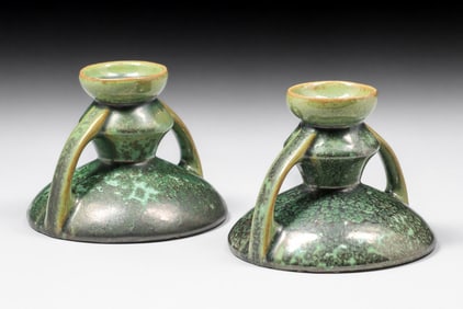 Fulper Pottery Leopardskin Candlesticks c1917-1920
