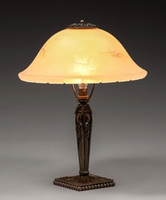 Edgar Brandt - French Art Deco Iron & Art Glass Lamp c1920s