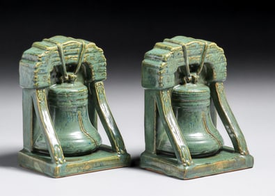 Rare Fulper Pottery Liberty Bell Bookends c1910s