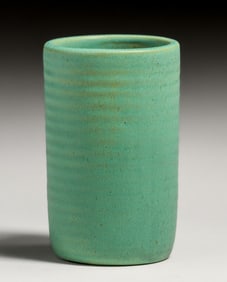 Teco Pottery Matte Green Ribbed Cylinder Vase c1910