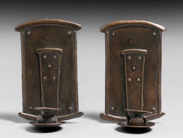 Stickley Brothers Pair #17 Hammered Copper Candle Sconces c1910