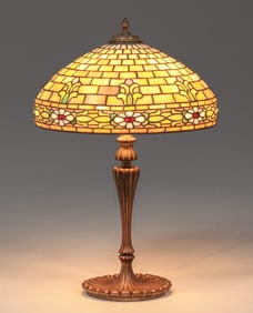 Wilkinson Daisy Floral Leaded Glass Bronze Lamp c1910