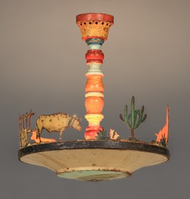 Monterey Style Los Angeles Folk Art Cattle & Cactus Hanging Light c1930s