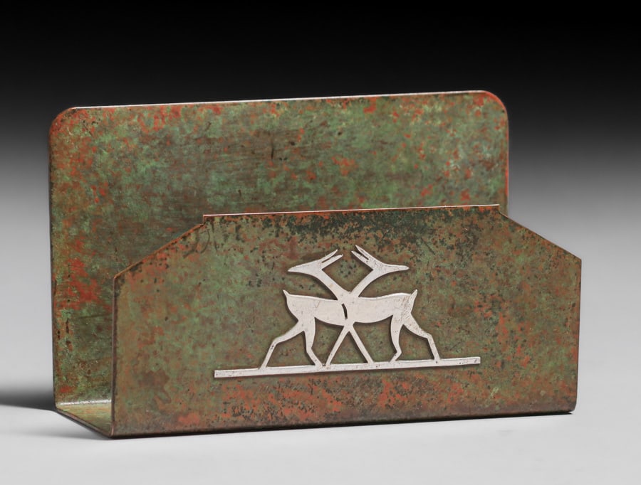 Silvercrest #138 Art Deco Deer Sterling Silver on Bronze Letter Rack c1920s: Silvercrest #138 Art Deco Deer Sterling Silver on Bronze Letter Rack c1920s. Signed. Excellent original patina. 5 1/8"w x 3.25"h x 1 7/8"d. Spend $7500 or more at our two day auction and all of your S