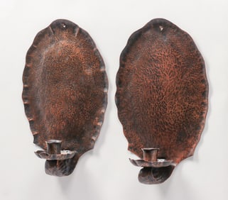 Pair Arts & Crafts Hammered Copper Candle Sconces c1910s