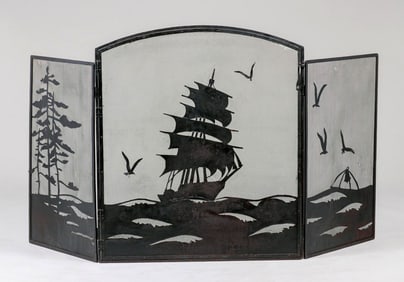 Arts & Crafts Period Hand-Forged Iron Three-Section Galleon Ship Fire Screen c1920