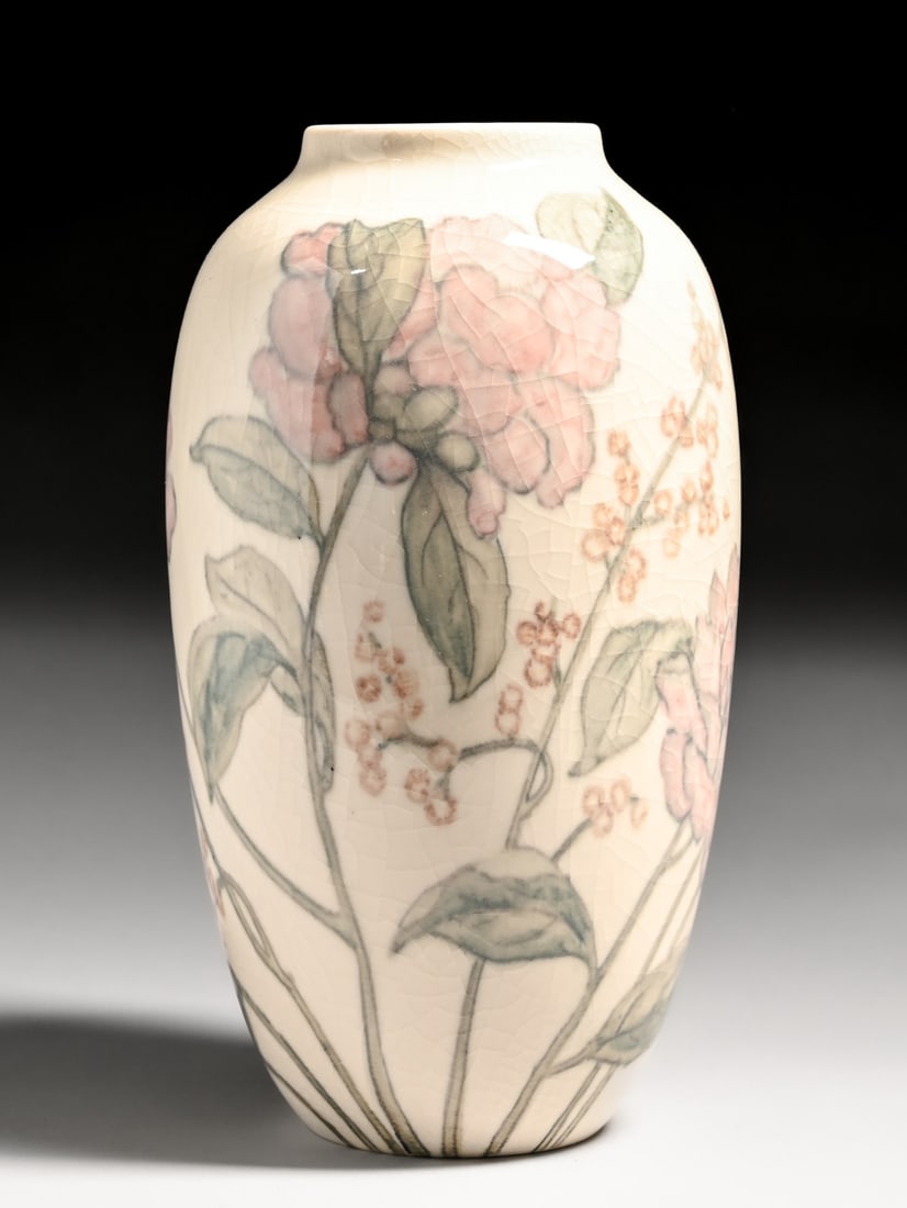 Rookwood Pottery Elizabeth Barrett Jeweled Porcelain Vase 1948: Rookwood Pottery Elizabeth Barrett Jeweled Porcelain Vase 1948. Signed. Invisible professional restoration to drill hole, otherwise perfect condition. 12.25"h x 5.75"d. Spend $7500 or more at our two