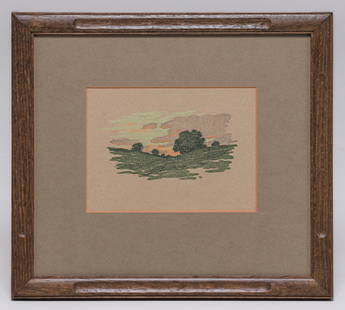 Arthur Wesley Dow (1857-1922) Ipswich Print "Willow Tree and Sunset Clouds" c1900: Arthur Wesley Dow (1857-1922) Ipswich Print "Willow Tree and Sunset Clouds" c1900. Unsigned. Excellent condition. Tim Holton custom walnut hand-carved frame. 5.5"h x 7 3/8"w. Holton frame 12.5"h x 13