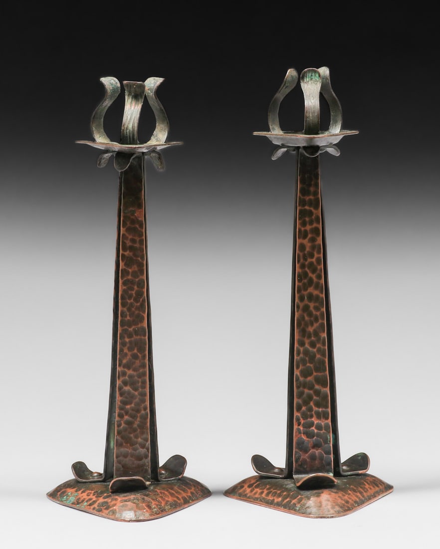 Buffalo, New York Arts & Crafts Hammered Copper Triangular-Shaped Candlesticks c1910s (1 of 7)