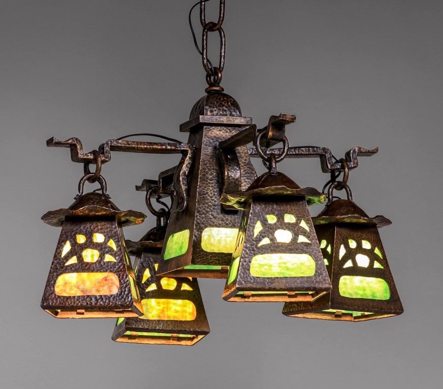 Arts & Crafts Hammered Copper, Brass & Slag Glass Chandelier c1910 (1 of 4)