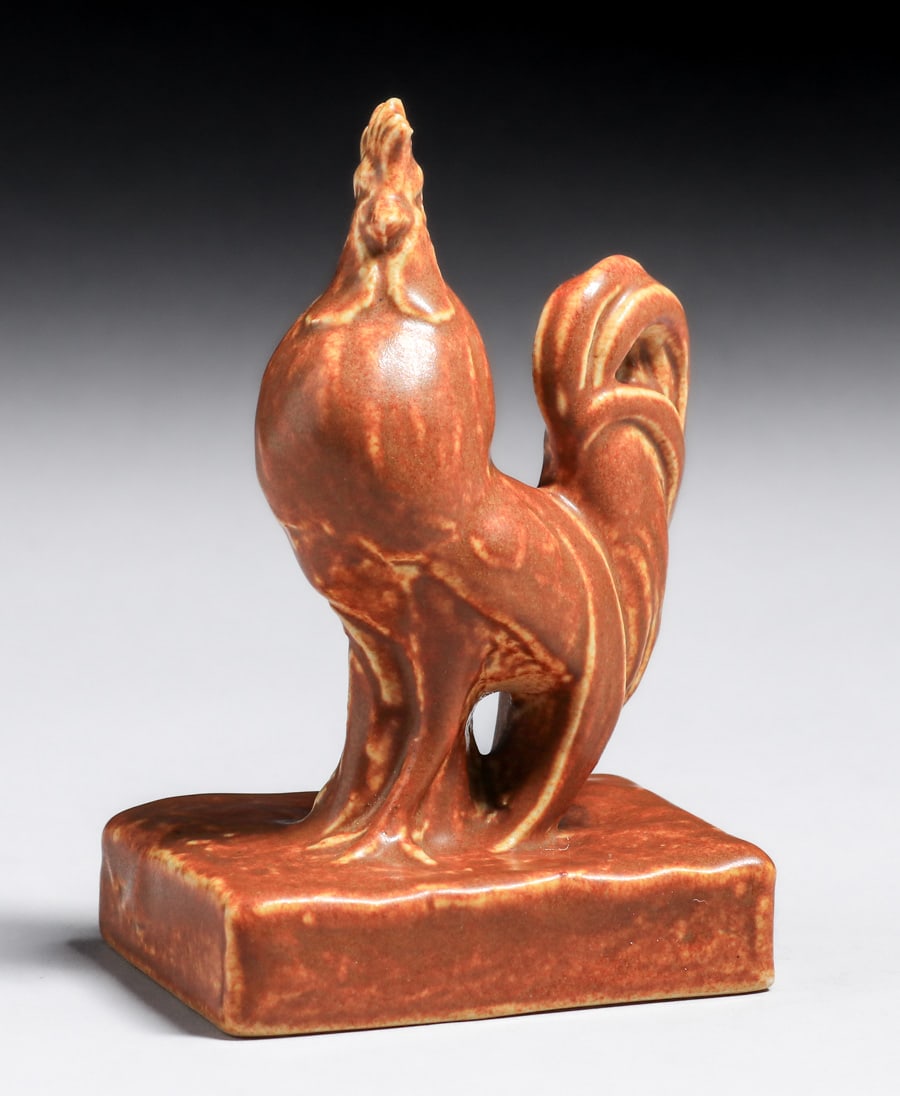 Rookwood Pottery #5030 Rooster Paperweight 1928: Rookwood Pottery #5030 Rooster Paperweight 1928. Signed. Perfect condition. 5"h x 3.75" x 2.5". Spend $7500 or more at our two day auction and all of your SHIPPING IS FREE within the lower 48 states.