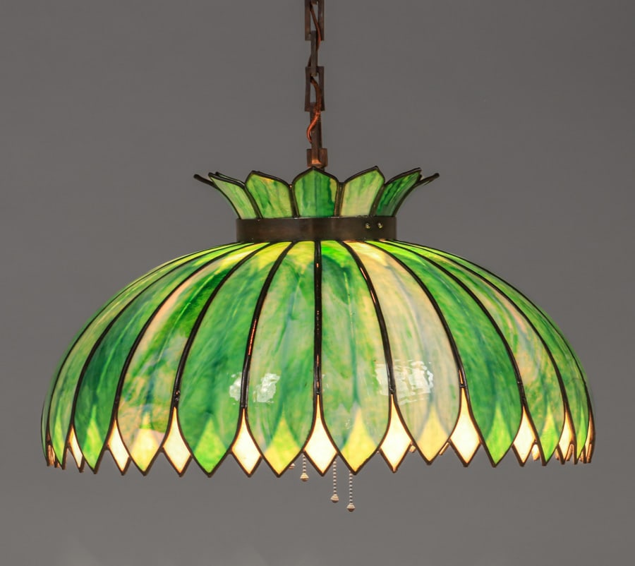 John Morgan Curved Glass Green & White Chandelier c1910: John Morgan Curved Glass Green & White Chandelier c1910. Unsigned. Original glass in near perfect condition. 40"h overall with ceiling cap x 25"d. Spend $7500 or more at our two day auction and all of