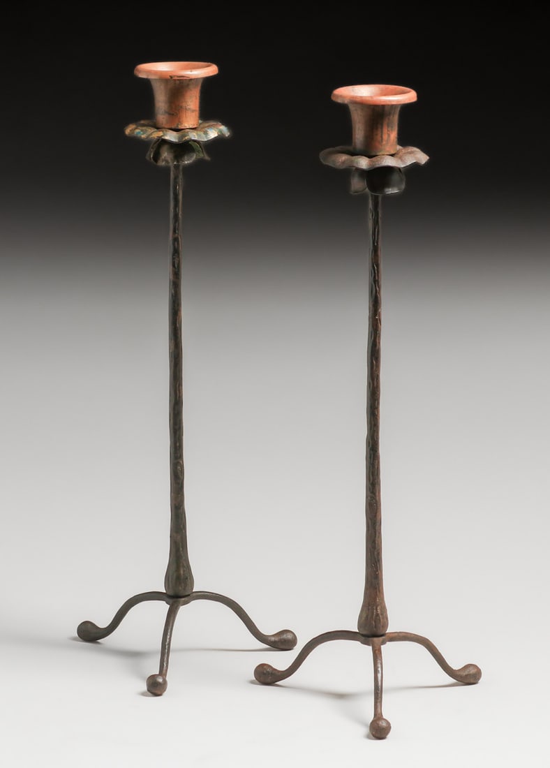 Arts & Crafts Period Hand-Forged Iron & Copper Candlesticks c1920: Arts & Crafts Period Hand-Forged Iron & Copper Candlesticks c1920. Unsigned. Excellent original patina. 18.5"h x 7"d. Spend $7500 or more at our two day auction and all of your SHIPPING IS FREE within
