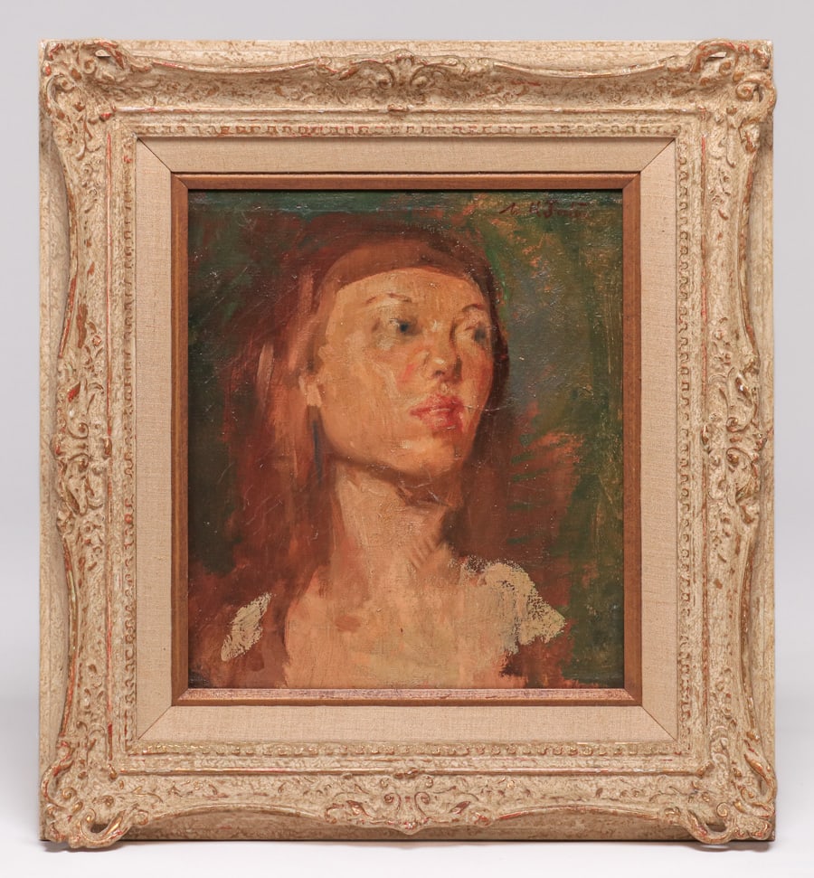 William Frederick Foster (1883-1953) Painting "Renaissance Girl" c1910s: William Frederick Foster (1883-1953) Painting "Renaissance Girl" c1910s. Signed. Literature: P. Settecase Barton, "William Frederick Foster, A.N.A.: Portrait of a Painter" Los Angeles, CA, 1987, plate