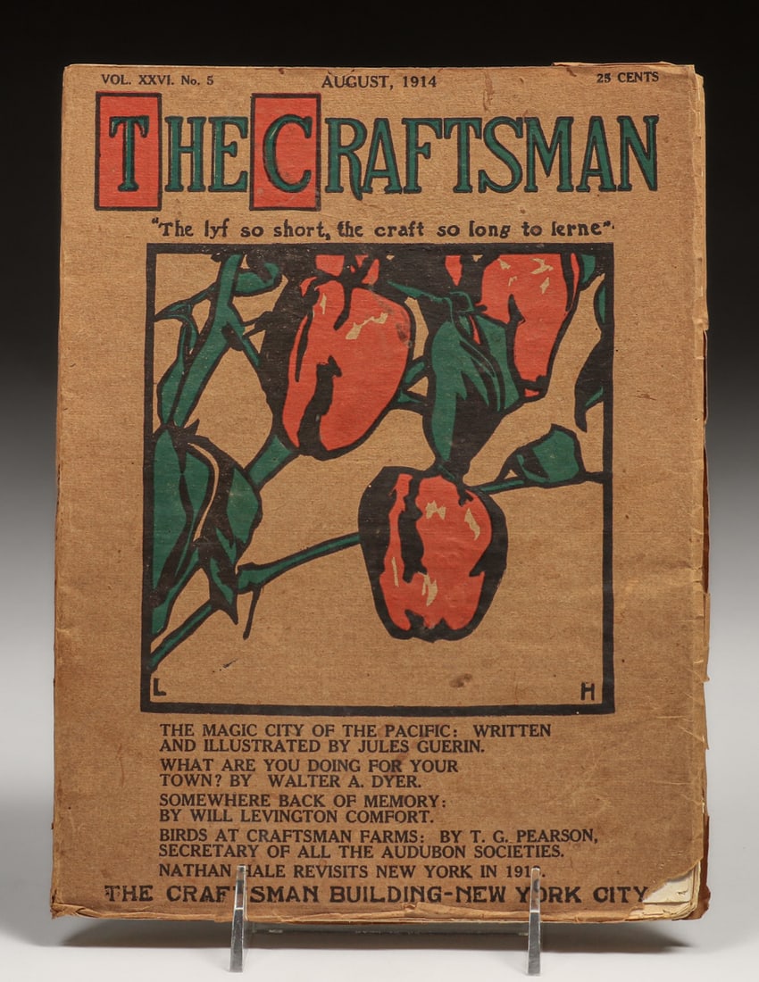 Gustav Stickley's Craftsman Magazine August 1914: Gustav Stickley's Craftsman Magazine August 1914. Small tear to lower right cover, otherwise excellent condition. 11" x 8.25"w. Spend $7500 or more at our two day auction and all of your SHIPPING IS F