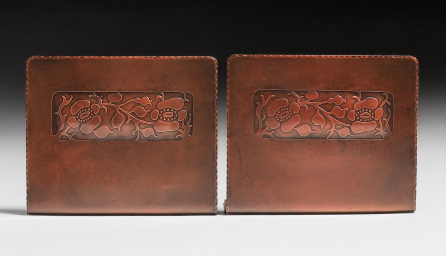 Early Craftsman Studios - Brooklyn, NY Hammered Copper Acid-Etched Bookends c1917-1920 (1 of 4)