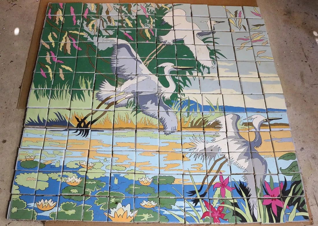 Flint Faience & Tile Company Herons/Cranes 144 Tile Frieze c1920s (1 of 9)