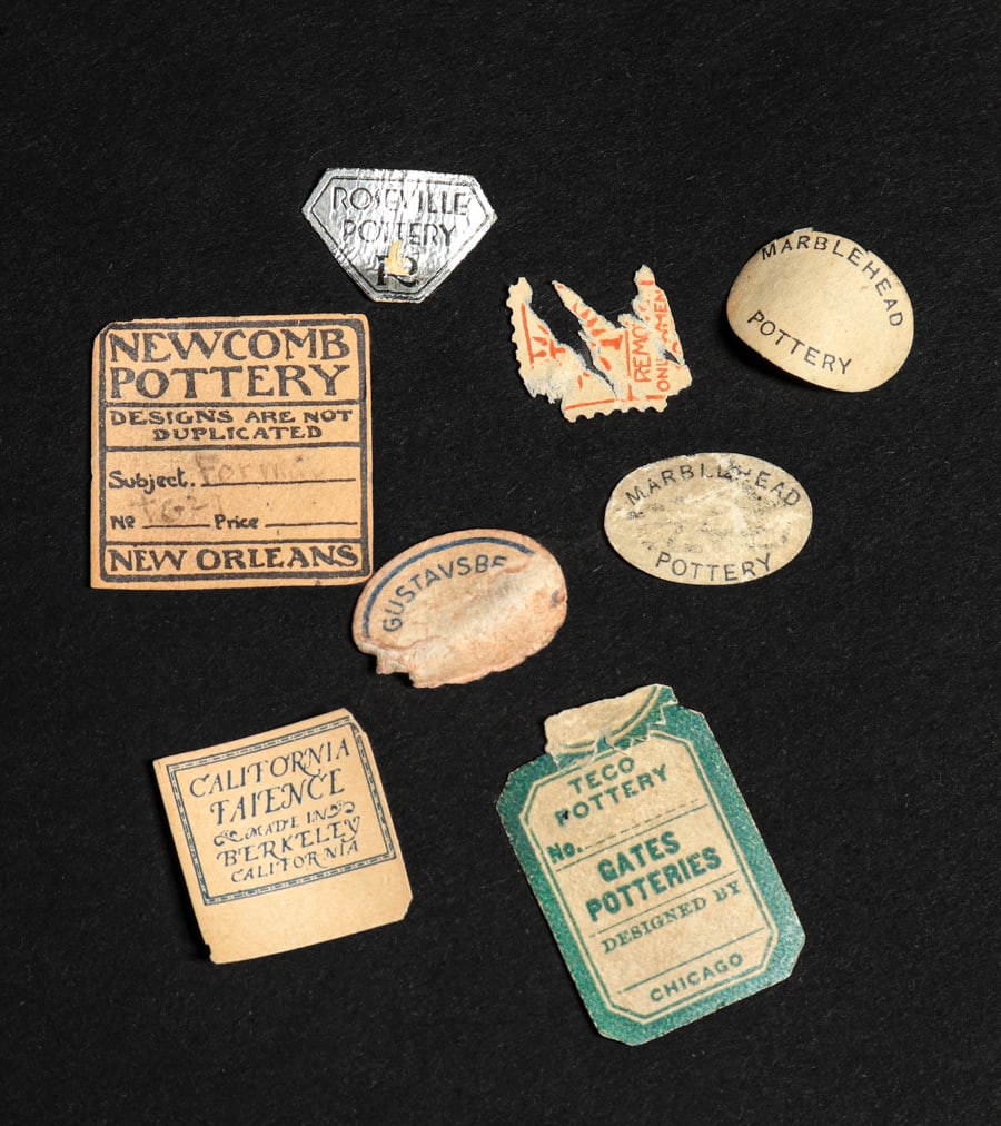 Newcomb, Marblehead, Teco, CA Faience, Gustavberg & Roseville Original Labels c1910s & 1920s: Newcomb, Marblehead, Teco, CA Faience, Gustavberg & Roseville Original Labels c1910s & 1920s. Group lot of 8 original labels. Largest label 1" x 1". Spend $7500 or more at our two day auction and all