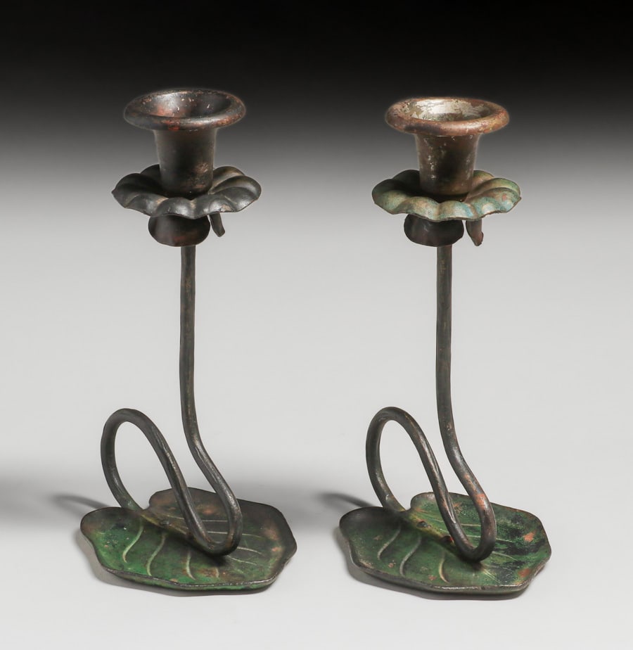 Arts & Crafts Period Iron Lily Pad Candlesticks c1910s: Arts & Crafts Period Iron Lily Pad Candlesticks c1910s. Unsigned. Excellent original patina. 10.25"h x 6" x 4.5"w. Spend $7500 or more at our two day auction and all of your SHIPPING IS FREE within th