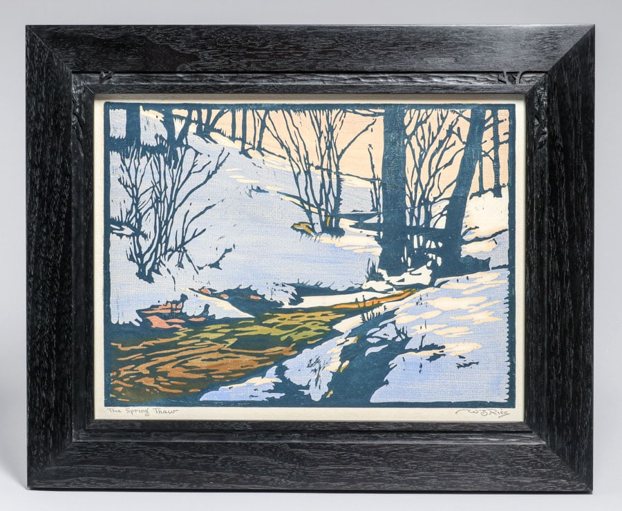 William Rice (1873-1963) Color Woodcut "The Spring Thaw" c1920: William Rice (1873-1963) Color Woodcut "The Spring Thaw" c1920. Signed. Excellent condition. 8.75"h x 12"w. Tim Holton custom carved frame 13.5"h x 16.5"w. Spend $7500 or more at our two day auction a