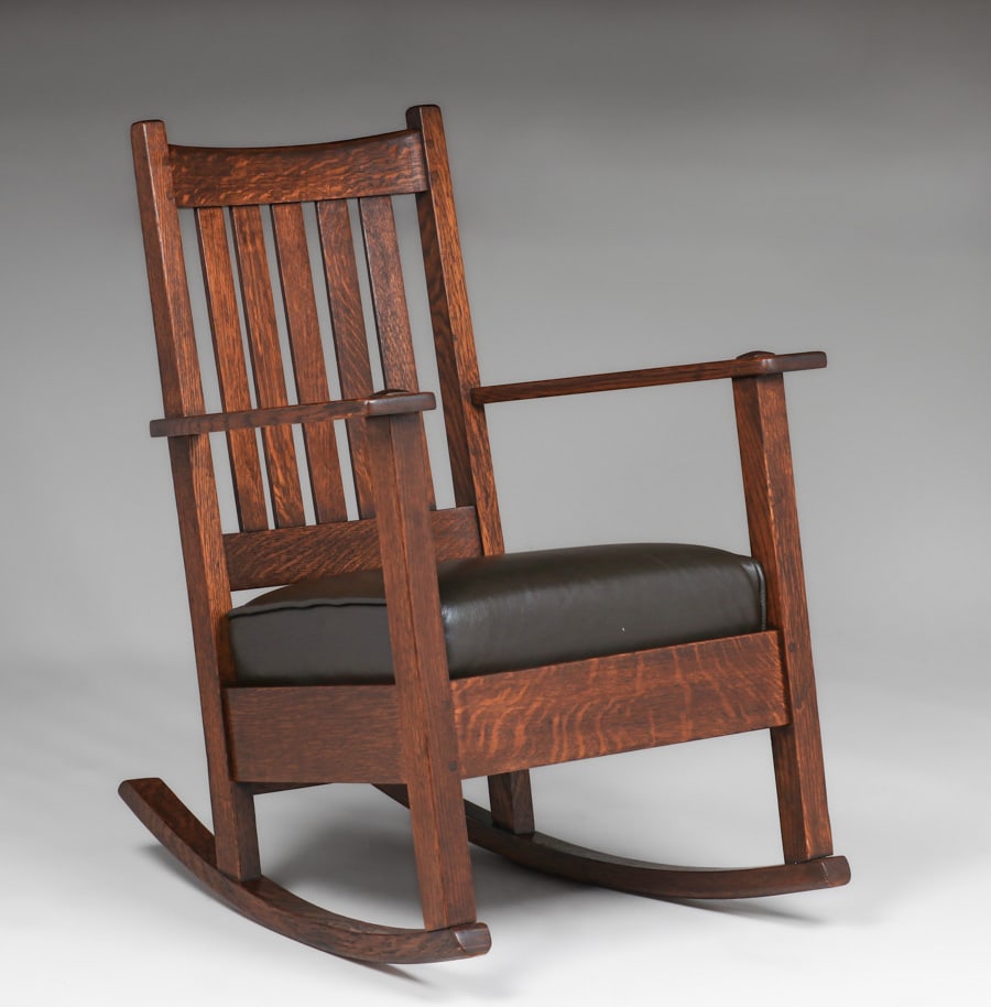 Limbert Oak Rocker c1910: Limbert Oak Rocker c1910. Signed with branded mark. Very nicely refinished. 33"h x 25"w x 28.5"d. Spend $7500 or more at our two day auction and all of your SHIPPING IS FREE within the lower 48 states